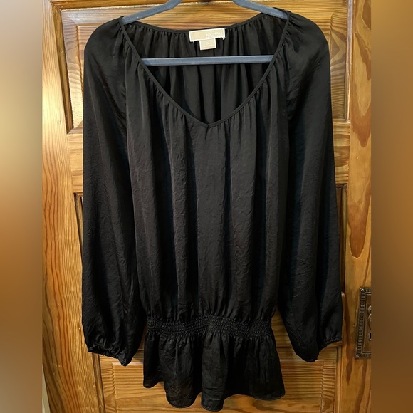 Michael Kors Black Dressy V-Neck Top Blouse Smocked Low Waist Peplum 1XL - Picture 1 of 7